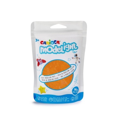 Saqueta branca de pasta leve para modelar CARIOCA Modelight laranja 50g com ilustrações espaciais