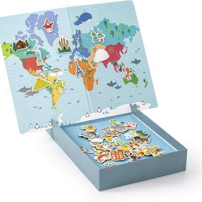 Jogo educativo com mapa mundi colorido e peças magnéticas ilustradas