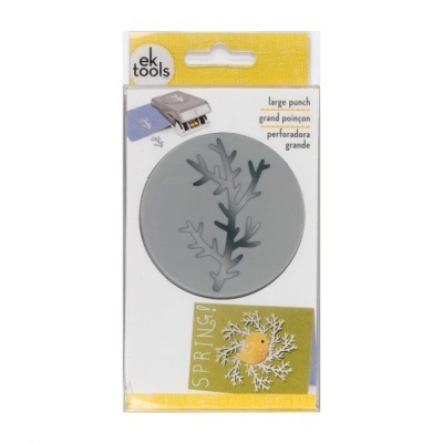 Perfuração grande de metal para papel com design de ramos em embalagem branca e amarela.