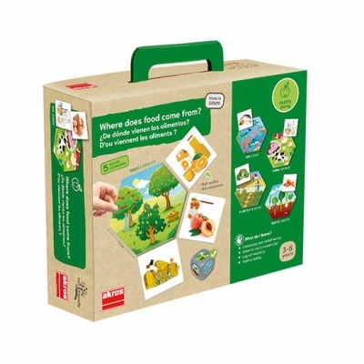 Caixa de jogo educativo com alça verde e ilustrações de alimentos