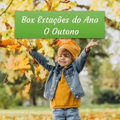 Criança com roupa amarela e casaco jeans em parque com folhas de outono e texto promocional