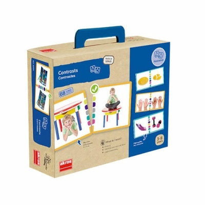 Caixa de jogo didático Contrasts Contrastes com alça azul e fotos de crianças