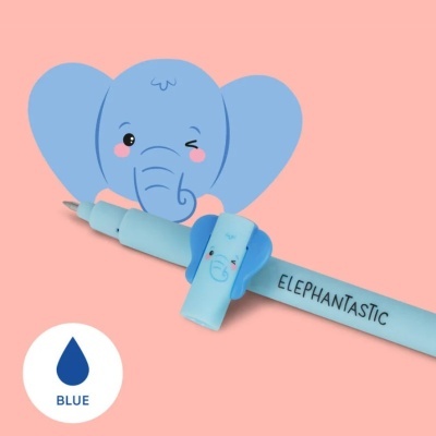Caneta azul com desenho de elefante e fundo rosa