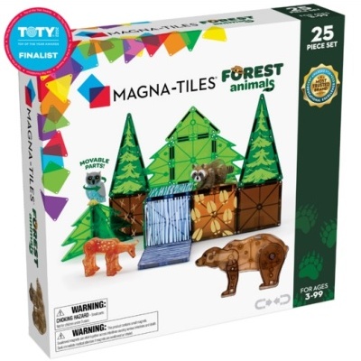 Conjunto de 25 peças MAGNA-TILES FLORESTA com animais de floresta e formas geométricas coloridas.