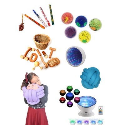 Conjunto de objetos sensoriais e relaxantes com criança a abraçar almofada lilás trançada