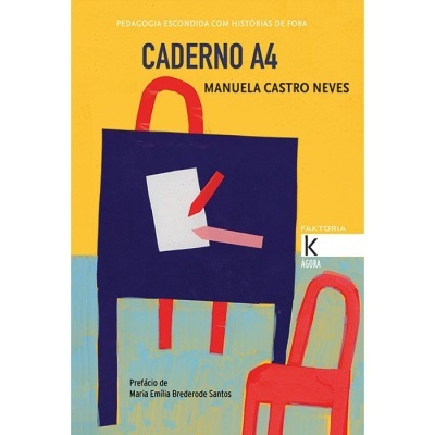 Capa de livro com título CADERNO A4 e ilustração colorida de cadeira e objetos.