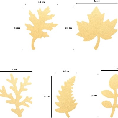 Cinco formas decorativas de folhas amarelas claras com medidas indicadas sobre fundo branco