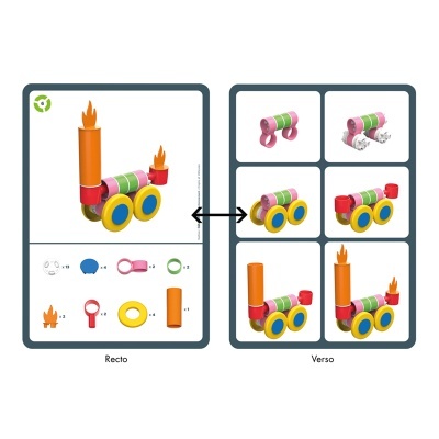 Conjunto colorido de peças para montar carrinho com rodas e chama falsa