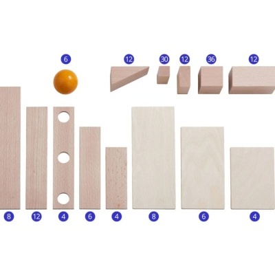 Peças de madeira e uma esfera laranja com números em círculos azuis