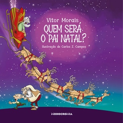 Capa de livro mostra Pai Natal no trenó puxado por renas no céu estrelado