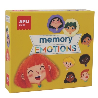 Caixa amarela do jogo Memory Emotions com rostos de crianças a expressar emoções