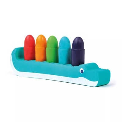 Brinquedo crocodilo azul com pinos coloridos