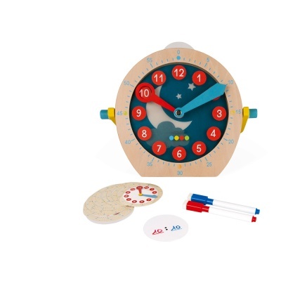 Relógio educativo de madeira com cartões e marcadores