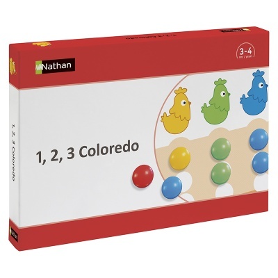 Caixa de jogo educativo Nathan 1, 2, 3 Coloredo com galinhas e peças coloridas para crianças de 3 a 4 anos