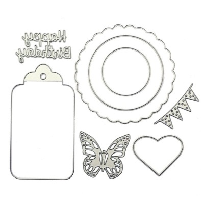 Conjunto de cortantes metálicos para artesanato com vários formatos e texto Happy Birthday.