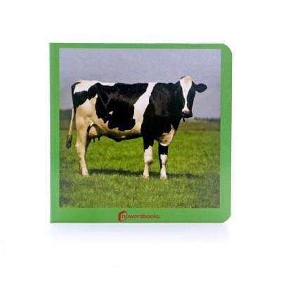 Livro infantil com foto de vaca preta e branca na capa verde.
