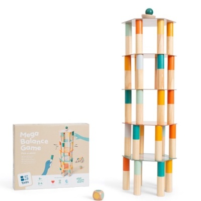 Jogo de equilíbrio Mega Balance Game com colunas de madeira coloridas e dado