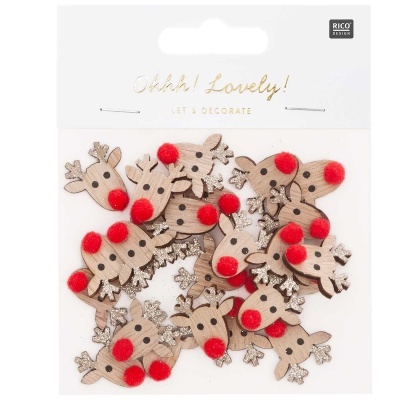 Enfeites de rena de madeira com nariz vermelho e glitter dourado em embalagem branca