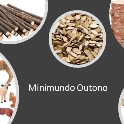 Materiais de artesanato e figuras de animais sobre fundo cinzento com texto Minimundo Outono