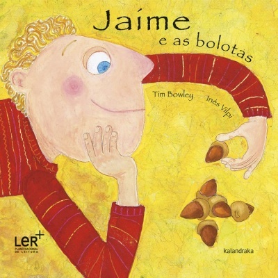 Capa de livro infantil com ilustração de menino segurando bolotas sobre fundo amarelo