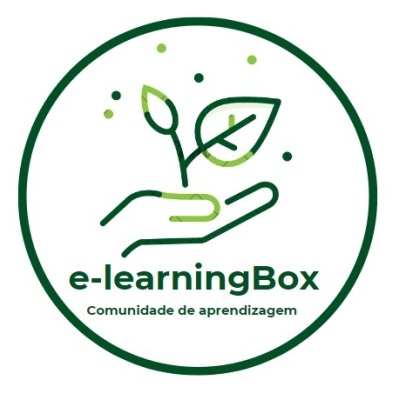 Logótipo com mão e folhas verdes e texto e-learningBox Comunidade de aprendizagem