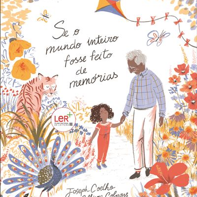 Capa de livro ilustrada com homem idoso e criança rodeados por fauna e flora colorida com texto manuscrito.