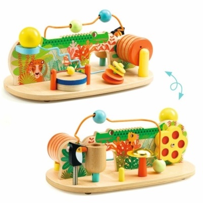 Brinquedo educativo de madeira com peças coloridas e imagem de tigre e tucano