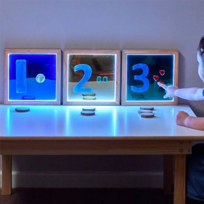 Três painéis iluminados com números 1, 2 e 3 e uma criança a apontar para o painel 3