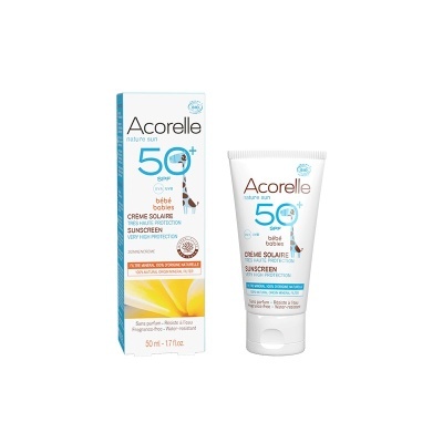 Protetor solar Acorelle SPF 50+ para bebés, tubo e caixa brancos com azul e amarelo