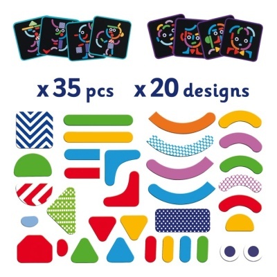 Conjunto colorido de peças geométricas e cartões com desenhos abstratos sobre fundo branco.