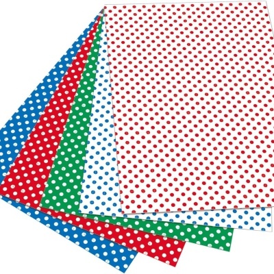 Folhas de papel decorativo com padrão de bolinhas em várias cores