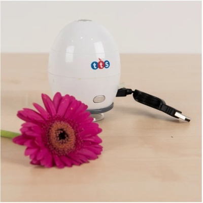 Dispositivo branco arredondado com logótipo tts, cabo USB preto e flor rosa em madeira clara