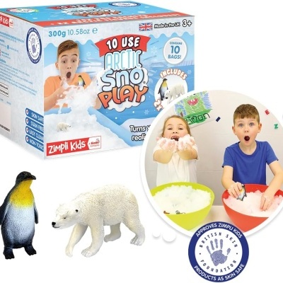 Caixa de brinquedo Arctic Sno Play com figuras de pinguim e urso polar e crianças a brincar com neve artificial