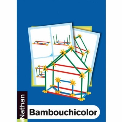 Estrutura de casa feita com varetas coloridas e conectores amarelos com instruções e texto Nathan Bambouchicolor
