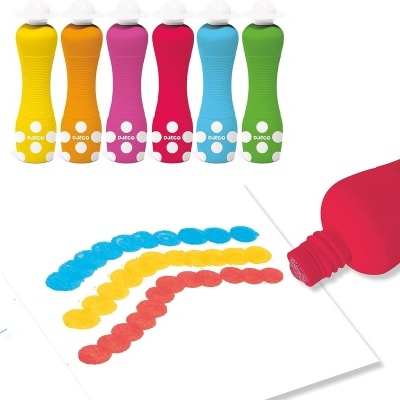 Seis bisnagas de tinta colorida para dedos e papel com estampas feitas com as tintas