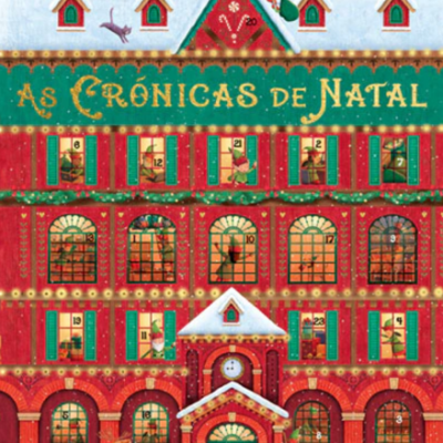 Capa de livro ilustrado com casa vermelha e decoração de Natal