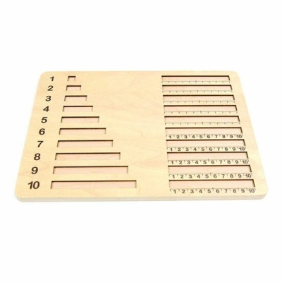 Placa de madeira com recortes numerados e réguas graduadas