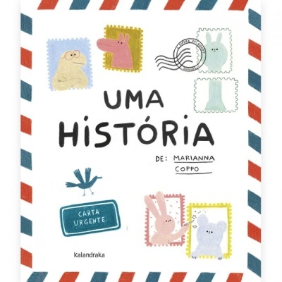 Capa de livro infantil com bordas tipo envelope e ilustrações de selos com animais.