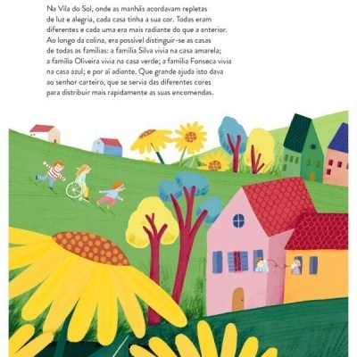 Ilustração de livro infantil com casas coloridas numa colina, crianças a brincar e girassóis grandes num campo verde.