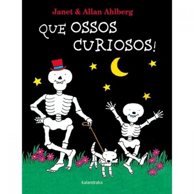 Capa de livro com esqueletos divertidos, lua, estrelas e flores