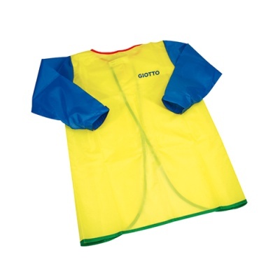 Avental infantil amarelo com mangas azuis e texto GIOTTO