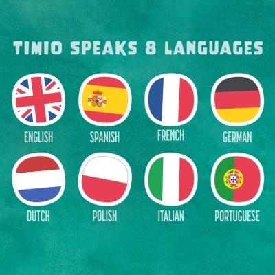 Bandeiras de oito países com textos dos idiomas em inglês sobre fundo verde