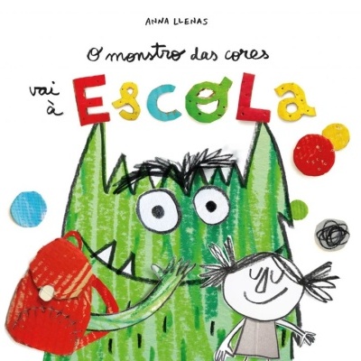 Capa de livro infantil com monstro verde, criança sorridente, mochila vermelha e texto colorido
