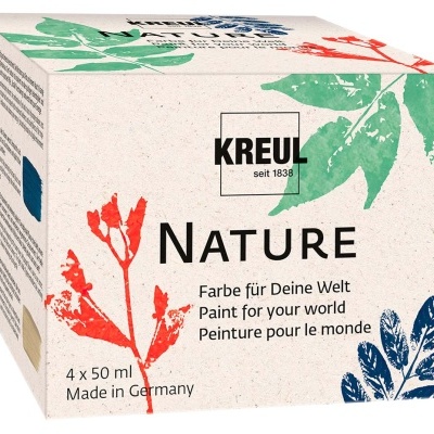 Embalagem de tintas KREUL com ilustrações de folhas coloridas
