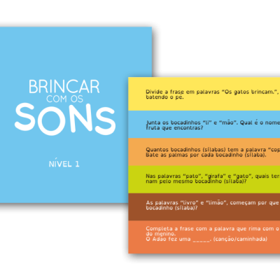 Cartões educativos coloridos do jogo Brincar com os Sons Nível 1 com perguntas e frases em português.