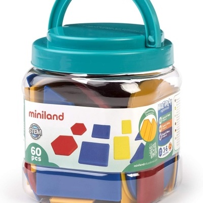 frasco plástico transparente com blocos coloridos e tampa azul-turquesa