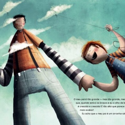 Ilustração colorida de duas personagens com roupa casual e fundo de céu azul com nuvens.