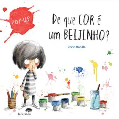 Capa do livro infantil De que COR é um BEIJINHO? com personagem e tintas coloridas