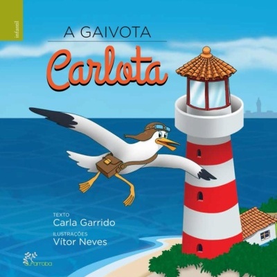 Capa de livro infantil com gaivota e farol vermelho e branco ao lado do mar