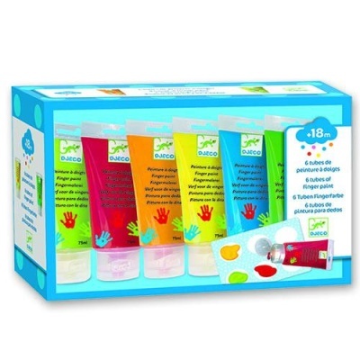 Caixa azul com 6 tubos de tinta para pintar com os dedos em várias cores